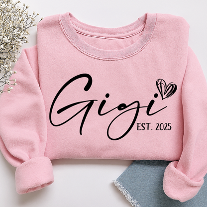 Gigi Est. 2025 Sweatshirt, Personalized Grandma Announcement Tee