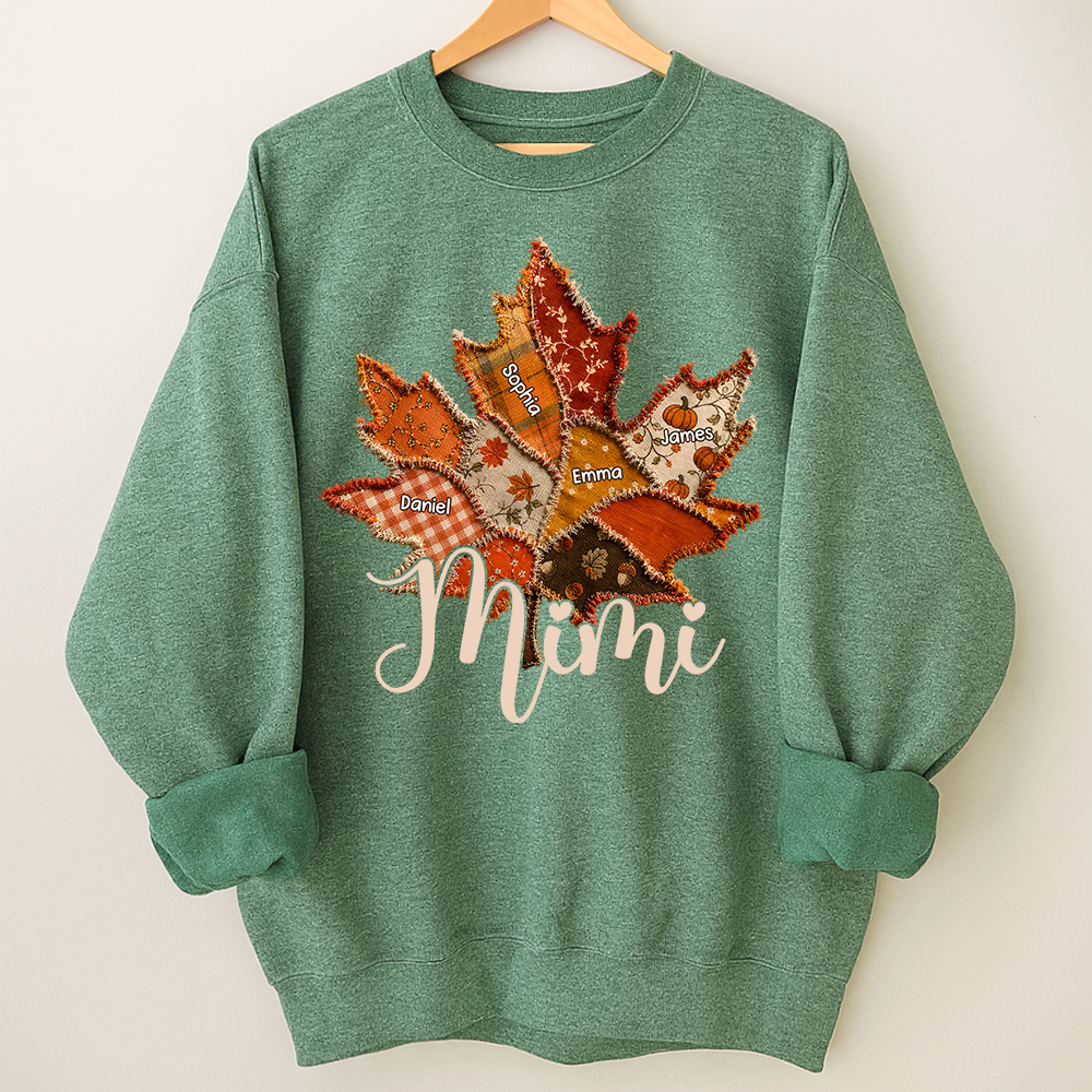 Personalized Mimi Fall Sweatshirt, Custom Grandkids Names Leaf Patchwork Sweatshirt, Autumn Grandma Gift, Cozy Thanksgiving Outfit