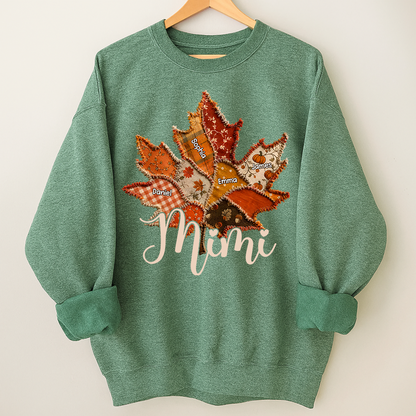 Personalized Mimi Fall Sweatshirt, Custom Grandkids Names Leaf Patchwork Sweatshirt, Autumn Grandma Gift, Cozy Thanksgiving Outfit