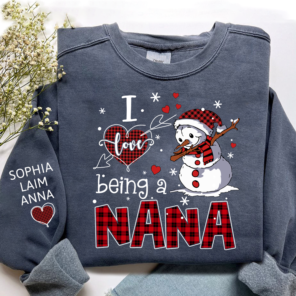 I Love Being a Nana Sweatshirt, Personalized Christmas Snowman Shirt with Kids Names
