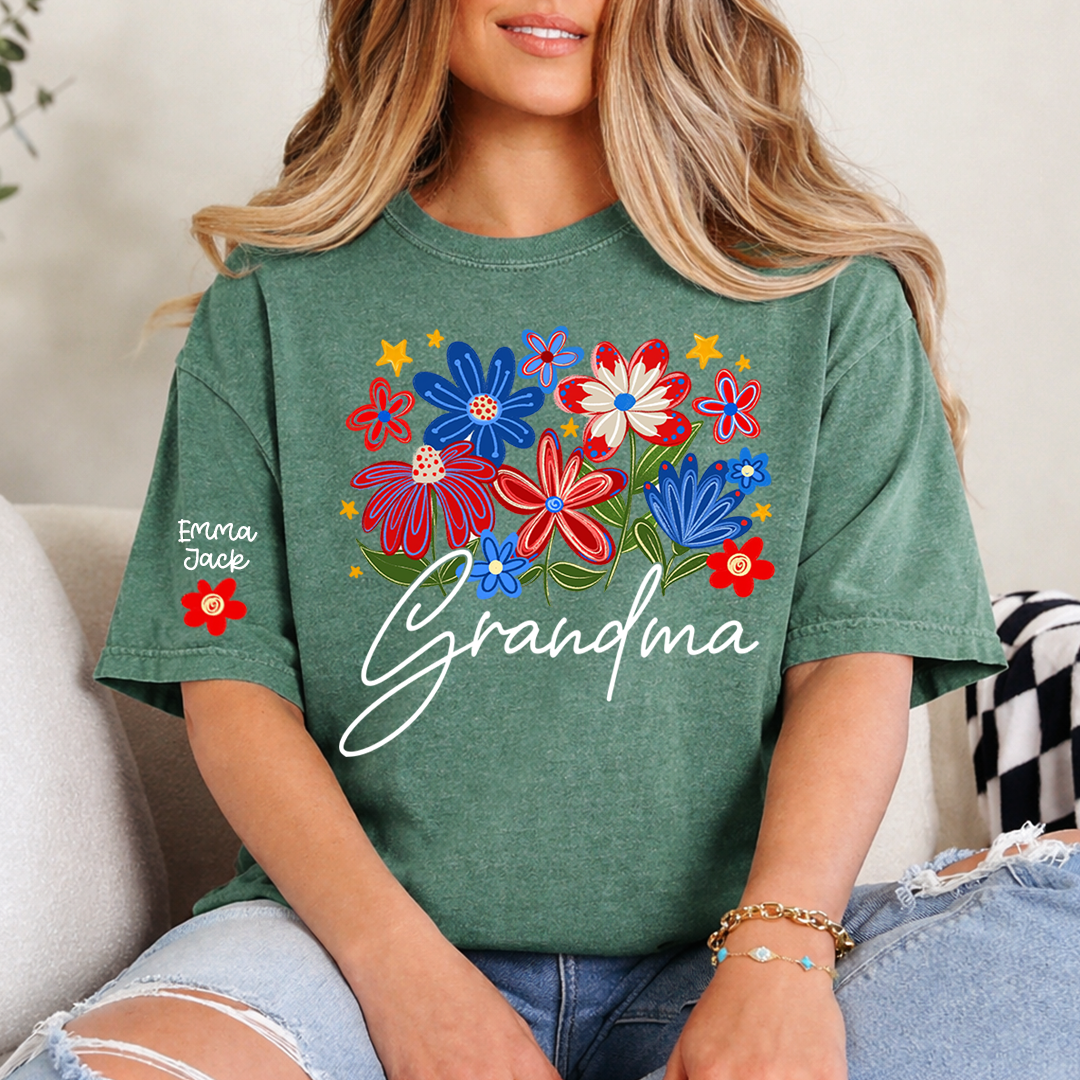 Grandma T-shirt With Heart And Flower Print, Custom Pinted Family Names