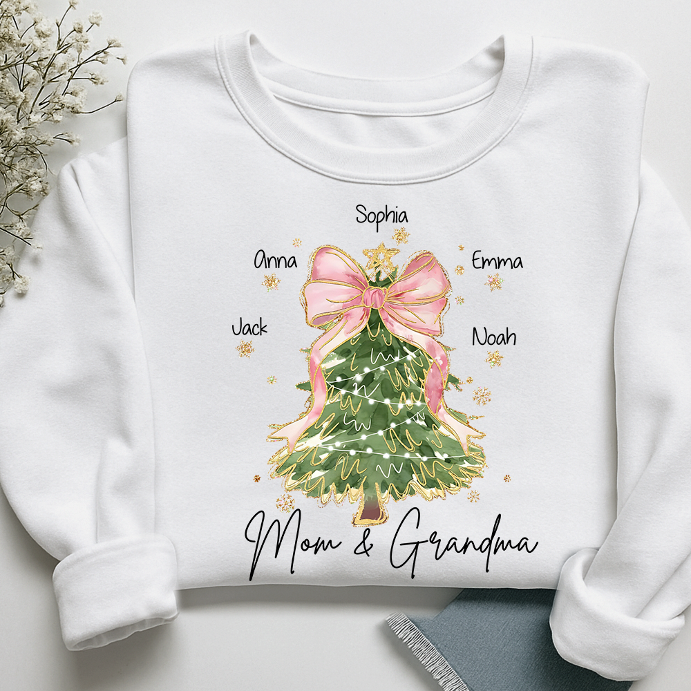 Personalized Mom and Grandma Christmas Sweatshirt, Custom Tree Design with Kids Names