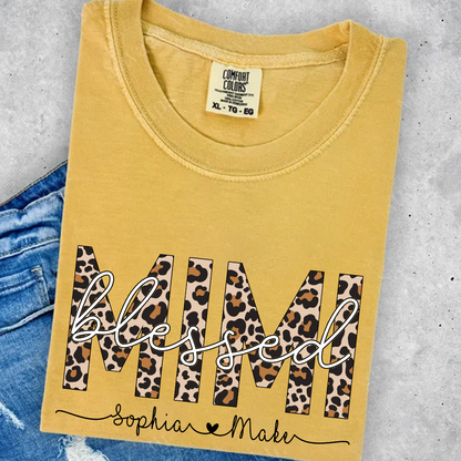 Comfort Colors® -Blessed Mimi Leopard Print T-Shirt – Personalized Grandma Tee with Grandkids' Names – Custom Gift for Mimi
