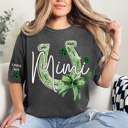 Mimi St Patrick’s Day Shirt, Lucky Horseshoe Shamrock Family T Shirt, With Grandma And Kids Names