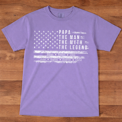 Comfort Colors Personalized Papa The Man The Myth The Legend Shirt – Custom Dad Gift with Kids Names and American Flag Design