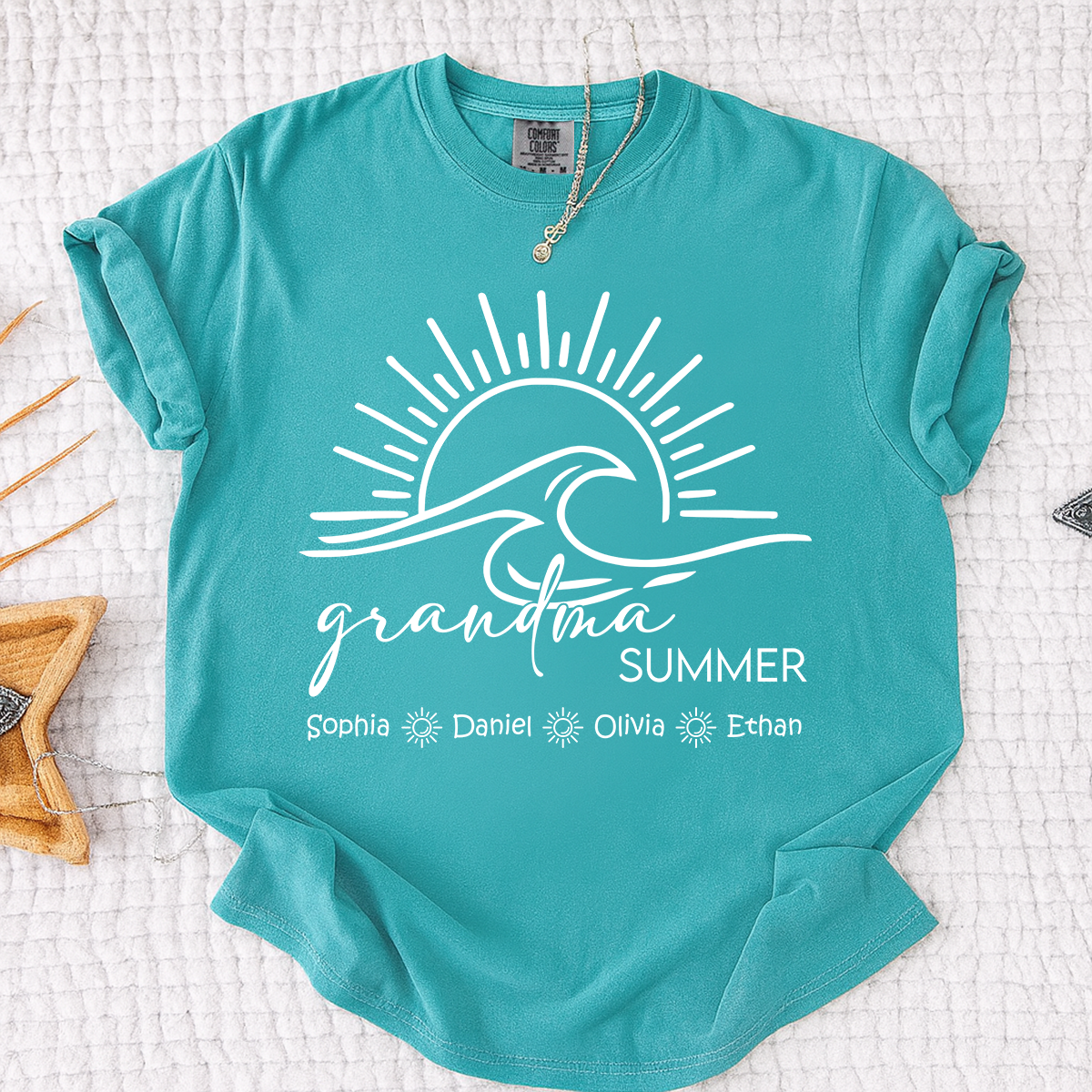 Comfort Colors Personalized Grandma Summer Shirt, Custom Grandkids Names Wave T-Shirt, Beach Vacation Grandma Gift, Family Matching Tee