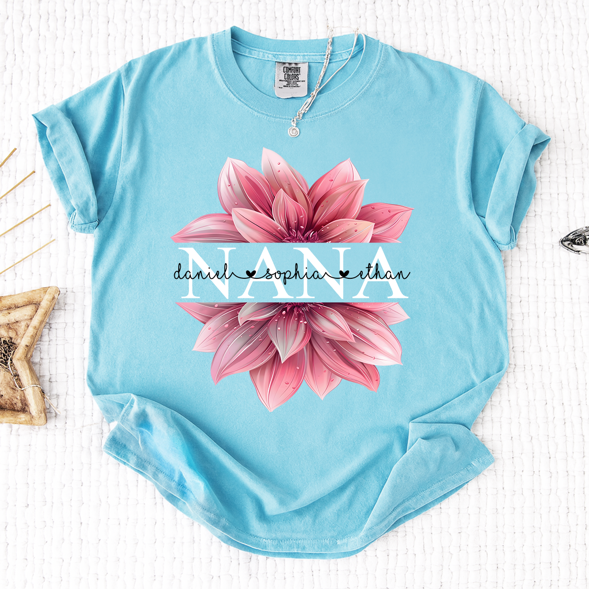 Comfort Colors Personalized Nana Shirt with Pink Lotus Flower Design, Custom Gift for Grandma with Grandkids Names