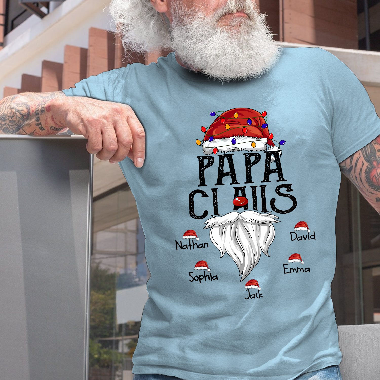 Hat Santa With Christmas Lights, Gift For Grandpa, Custom Give Papa And Kids T-Shirt