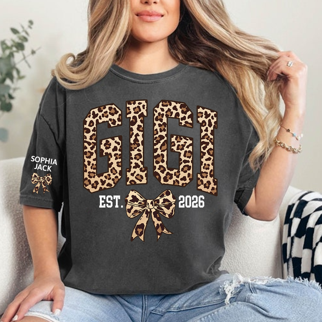 Custom Leopard Gigi, Personalized Heart T-shirt For Grandma And Kids