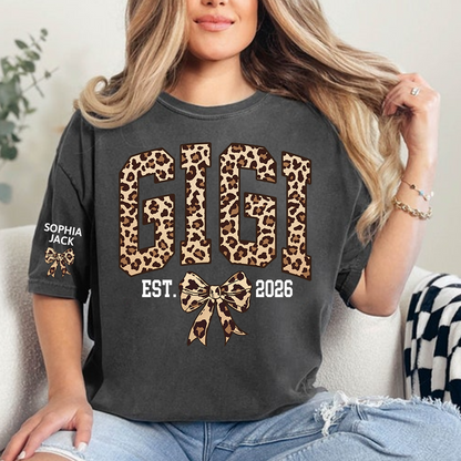 Custom Leopard Gigi, Personalized Heart T-shirt For Grandma And Kids