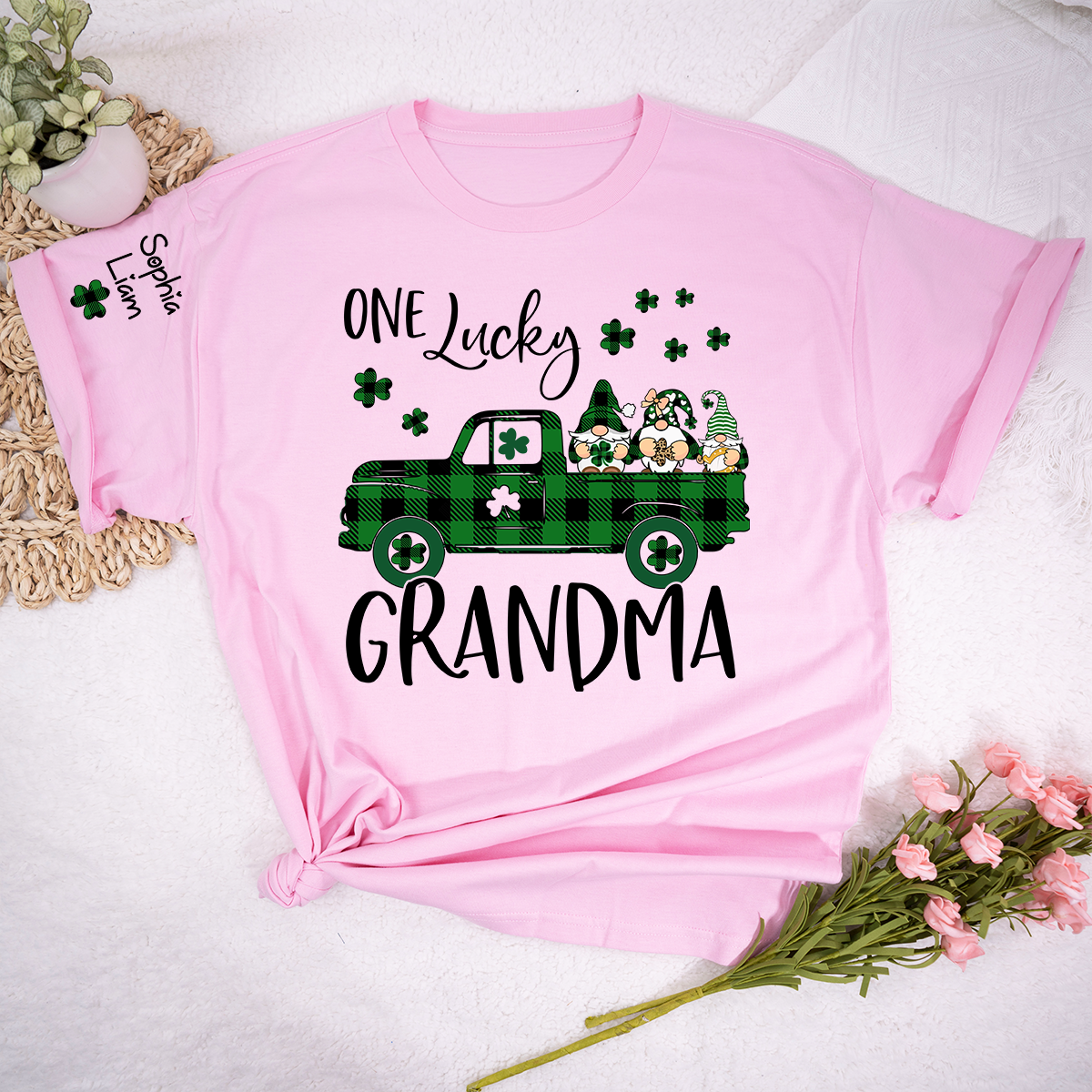 One Lucky Grandma Shirt, Personalized St Patrick’s Day Grandma Shirt With Shamrock Truck Design