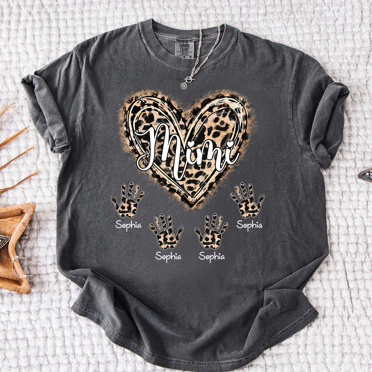 Comfort Colors Mimi Leopard Heart Shirt, Custom Handprint T Shirt with Grandkids Names, Unique Gift for Mimi, Personalized Family Shirt