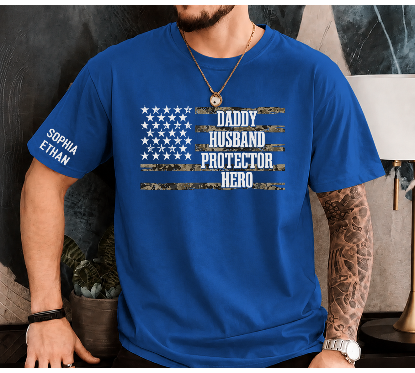 Custom Daddy Husband Protector Hero Shirt, Personalized Dad Shirt with Kids Names, Camo USA Flag Father’s Day Gift
