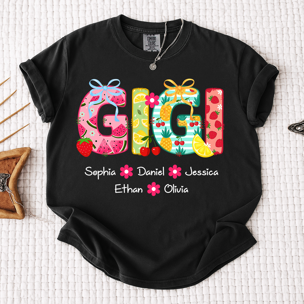 Comfort Colors Personalized Gigi Summer Shirt, Custom Grandma T Shirt with Grandkids Names, Fruit Pattern Family Tee for Gigi Nana Mimi