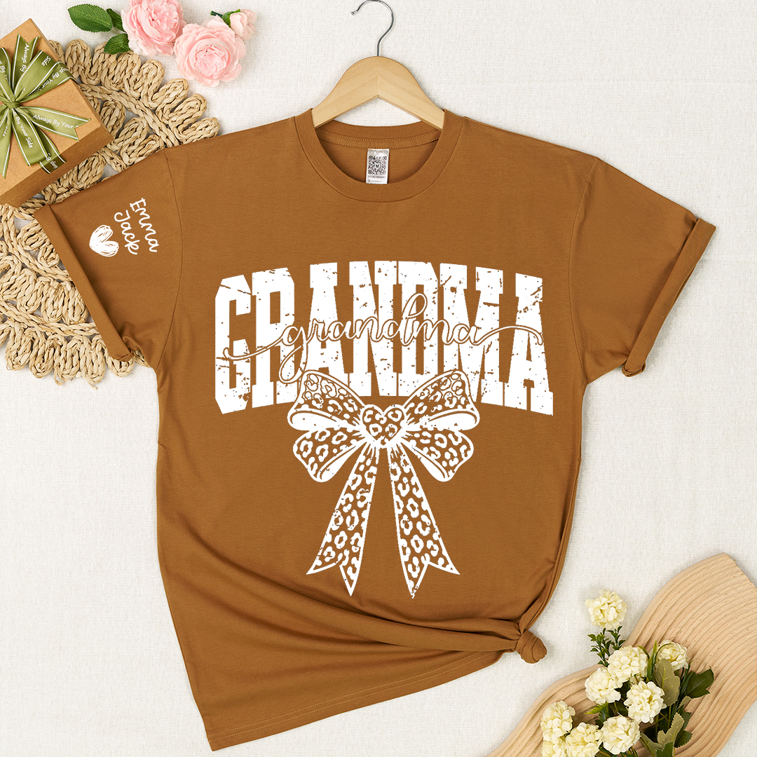 Personalized Grandma T-Shirt with Leopard Print Bow and Custom Grandkids Names