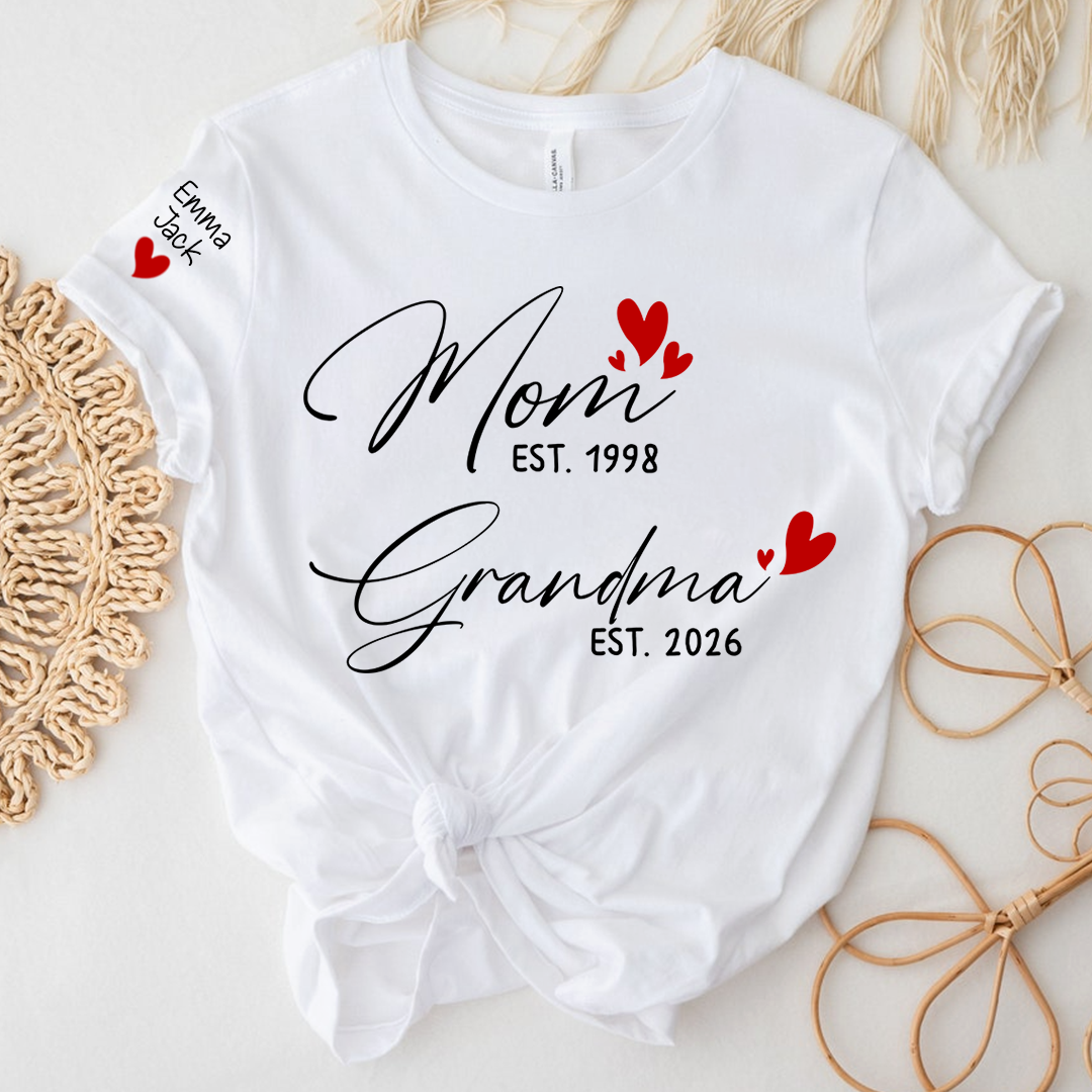 Personalized Mom and Grandma T-Shirt, Custom EST Year T-Shirt with Heart Design for Family