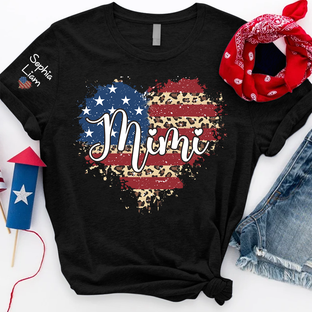 Personalized Mimi Shirt with Kids Names American Flag Heart Leopard Print Custom Grandma Mimi Tee Patriotic Family Shirt for Women