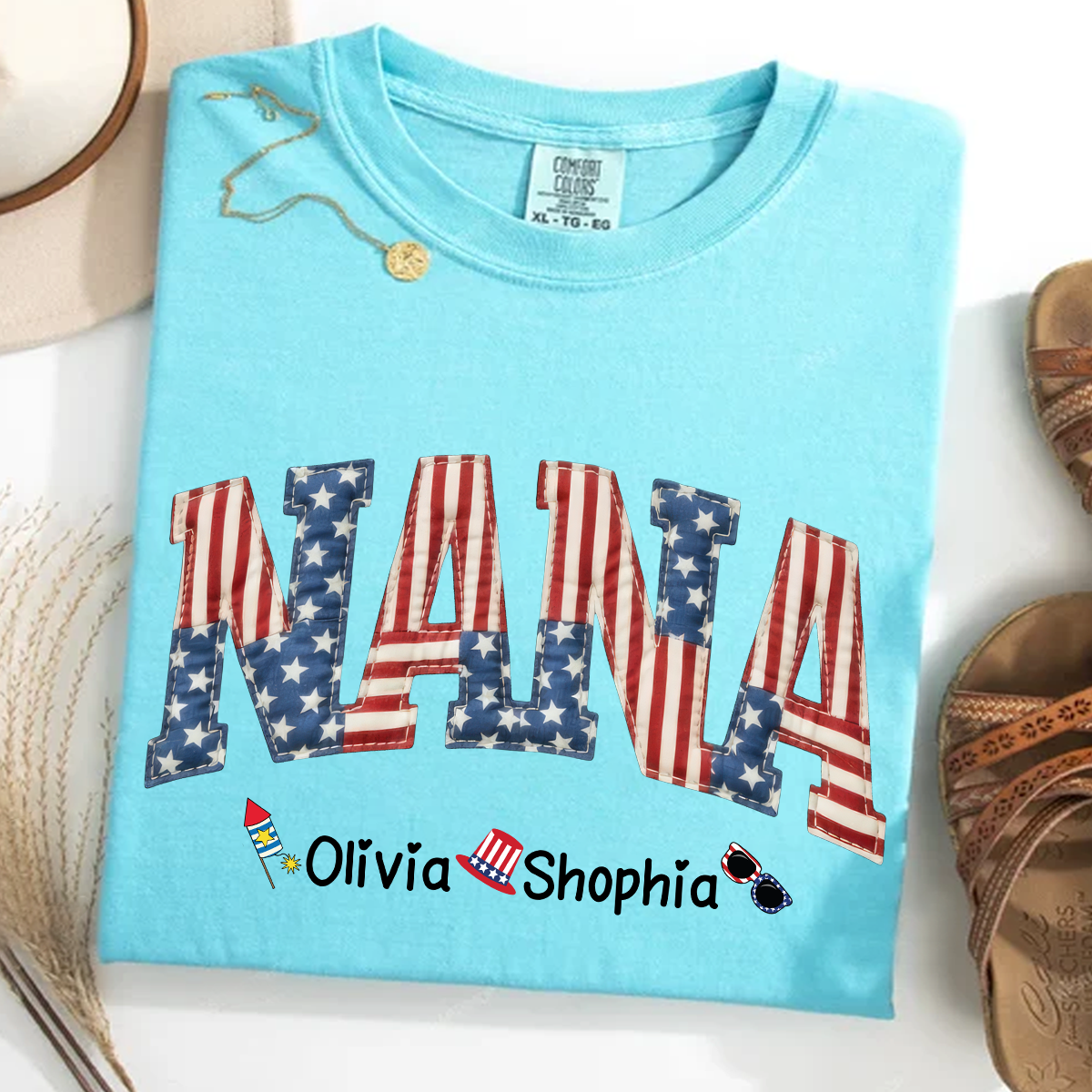 Comfort Colors Personalized Nana T-Shirt with American Flag Design – Custom 4th of July Gift for Nana with Grandkids Names