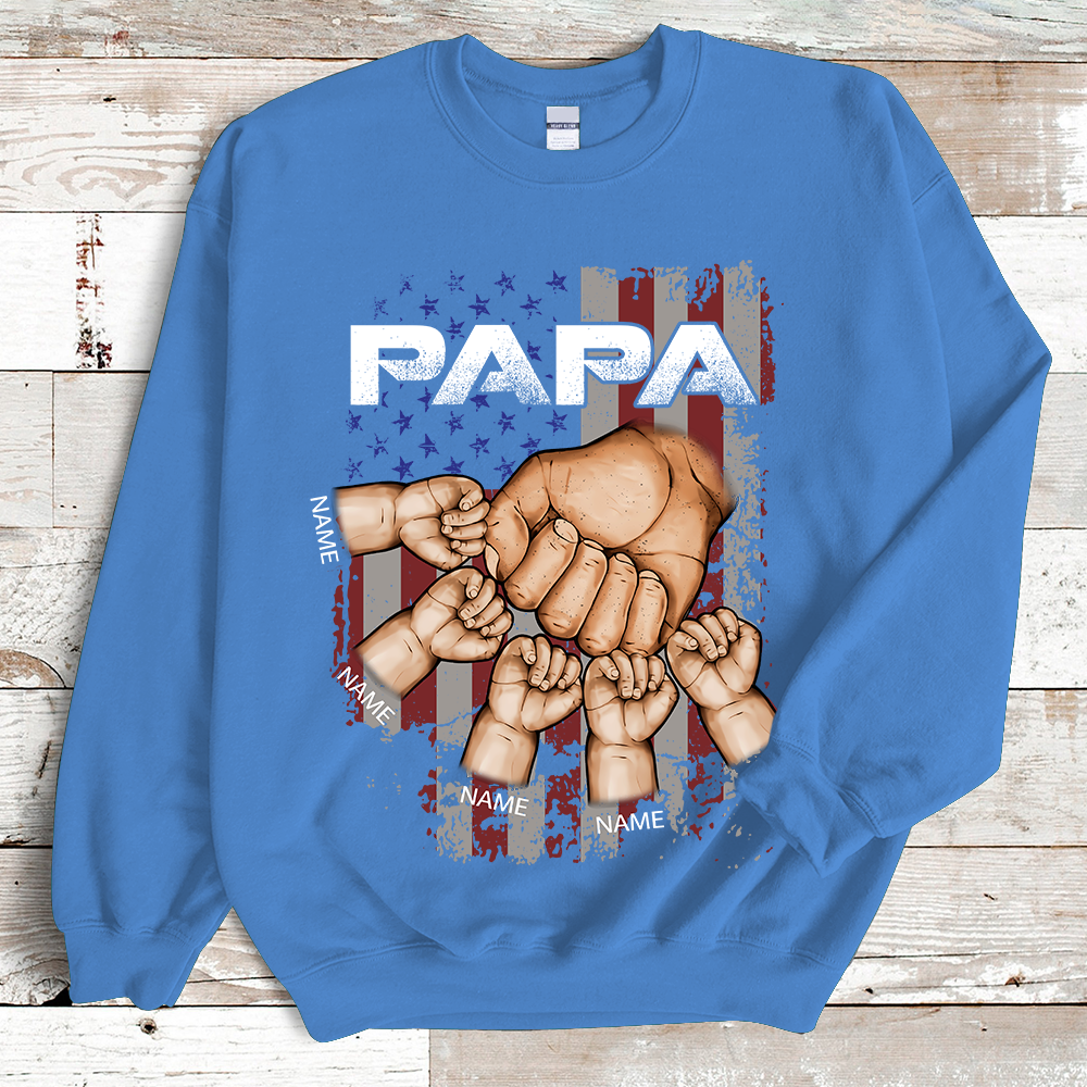 Grandpa America Flag And Fist Bump Print Custom Grandkids Name Independence Day Sweatshirt