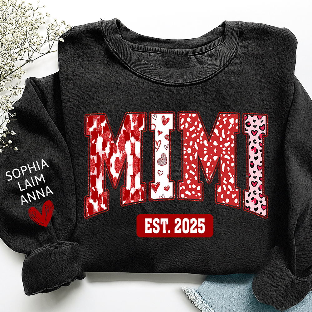 Custom Mimi Sweatshirt, Valentine Heart Pattern Pullover with Names