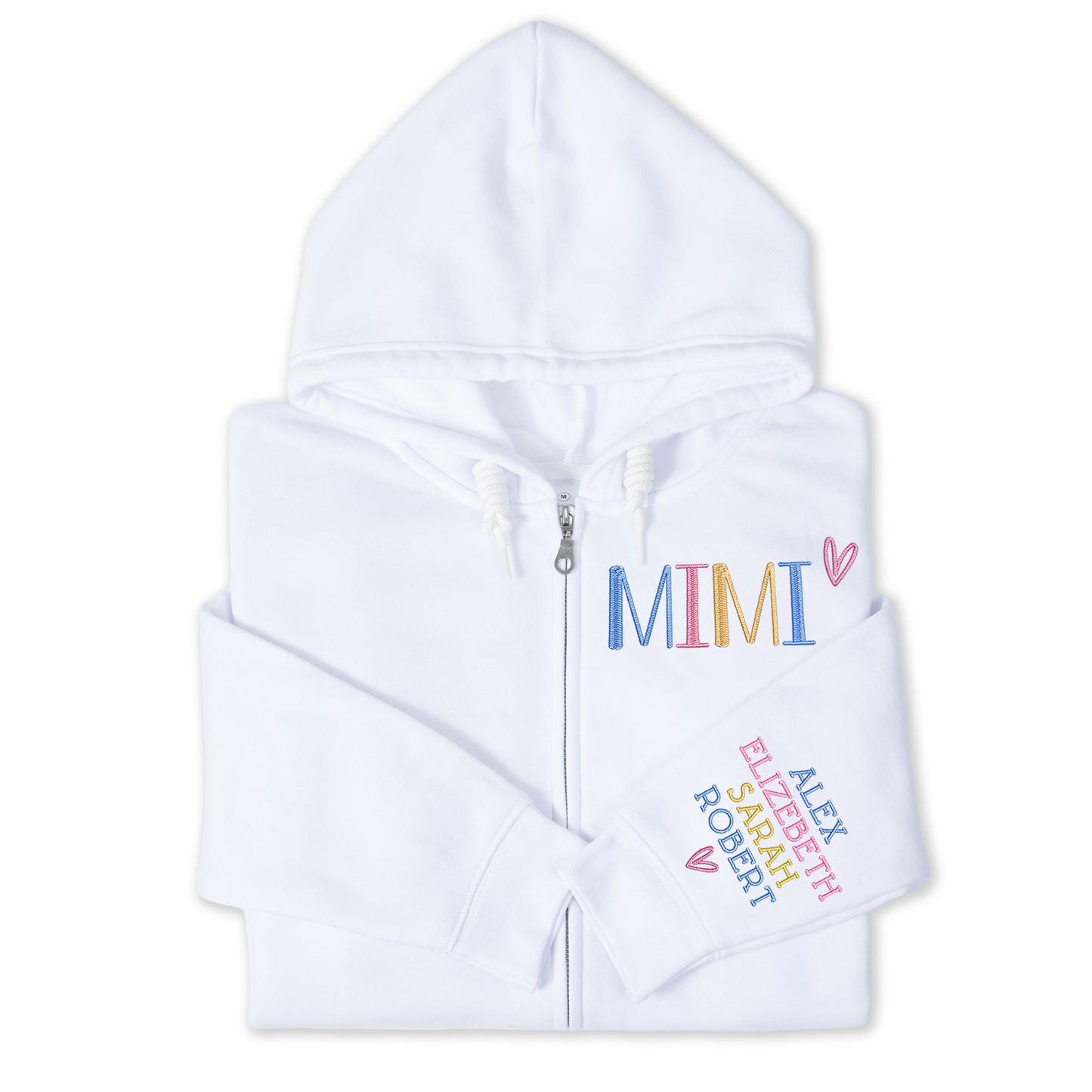 Personalized Embroidered Zip Hoodie for Grandma Mimi, Custom Name & Kids Names Sleeve Stitching, Cozy Full Zip Hooded Sweatshirt Gift for Family