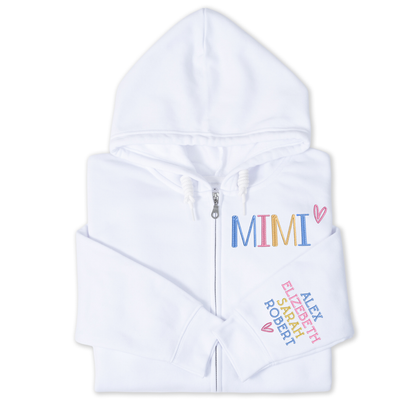 Personalized Embroidered Zip Hoodie for Grandma Mimi, Custom Name & Kids Names Sleeve Stitching, Cozy Full Zip Hooded Sweatshirt Gift for Family