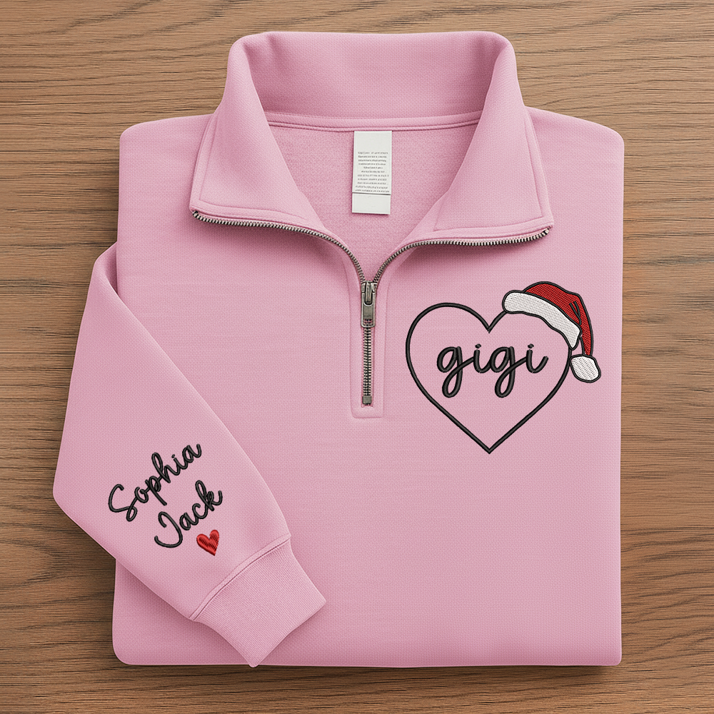 Custom Gigi Heart Zip Sweatshirt With Santa Hat – Personalized Christmas Gift For Grandma Or Gigi