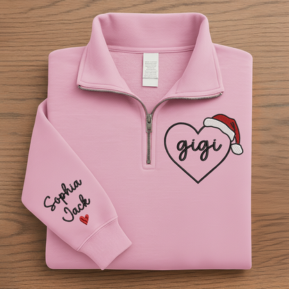 Custom Gigi Heart Zip Sweatshirt With Santa Hat – Personalized Christmas Gift For Grandma Or Gigi