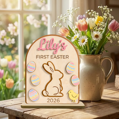 Personalized First Easter Wooden Plaque - Custom Name and Date for Baby Boy or Girl, Cute Bunny and Egg Design