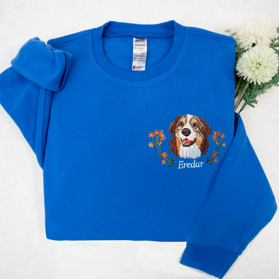 Custom Dog Portrait Embroidered Sweatshirt, Personalized Pet Face and Pet name Sweatshirt