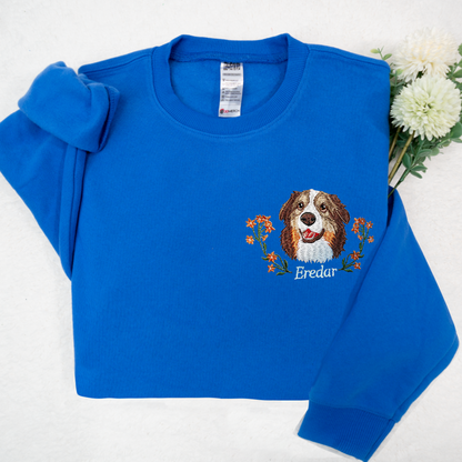 Custom Dog Portrait Embroidered Sweatshirt, Personalized Pet Face and Pet name Sweatshirt
