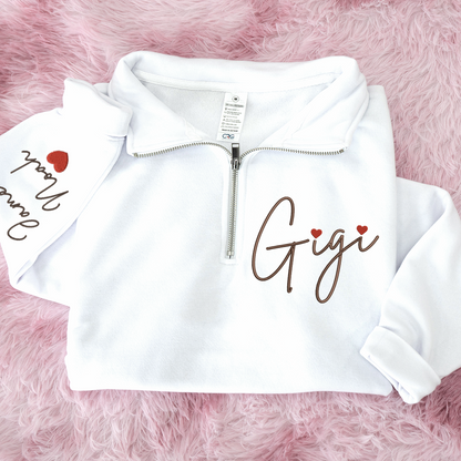 Gigi Heart Embroidered Quarter Zip, Personalized Name Sweater for Grandma