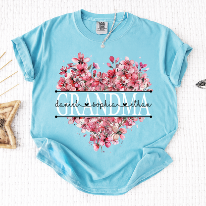Comfort Colors Floral Heart Grandma Shirt, Custom Family Names and Heart Floral Design T Shirt