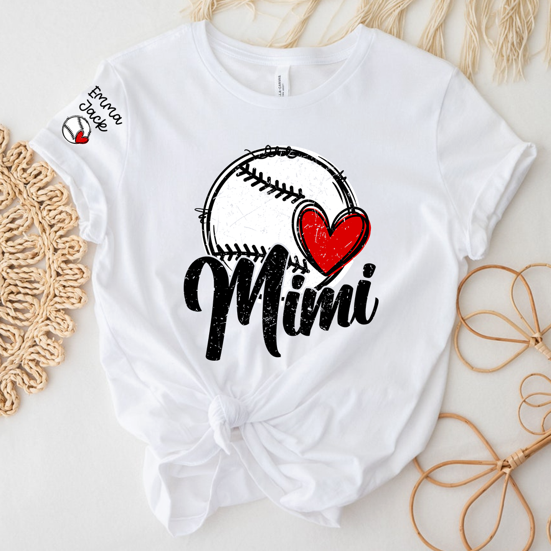 Personalized Mimi Baseball Shirt, Heart and Bat Design with Custom Names