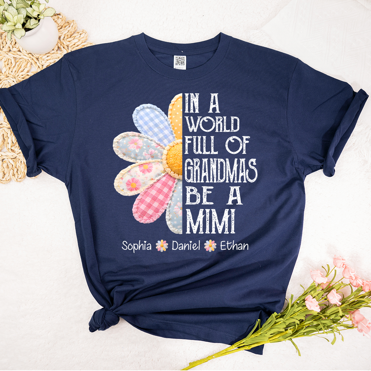 Custom Mimi T Shirt with Grandchildren Names, Vintage Patchwork Flower Graphic Tee, In A World Full of Grandmas Be a Mimi Shirt
