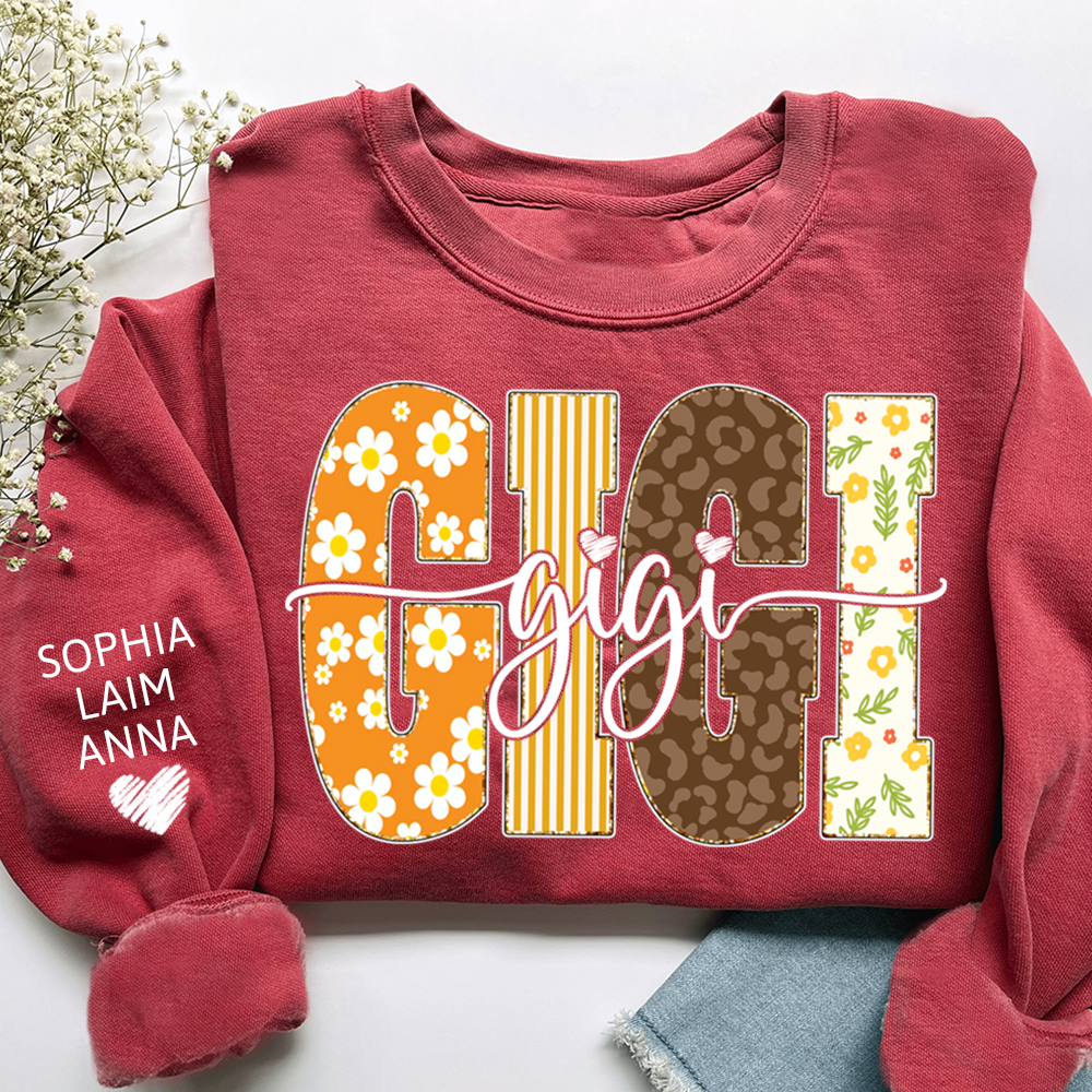Gigi Fall Grandma Sweatshirt – Custom Name Sleeve and Retro Plaid Floral Letter Design