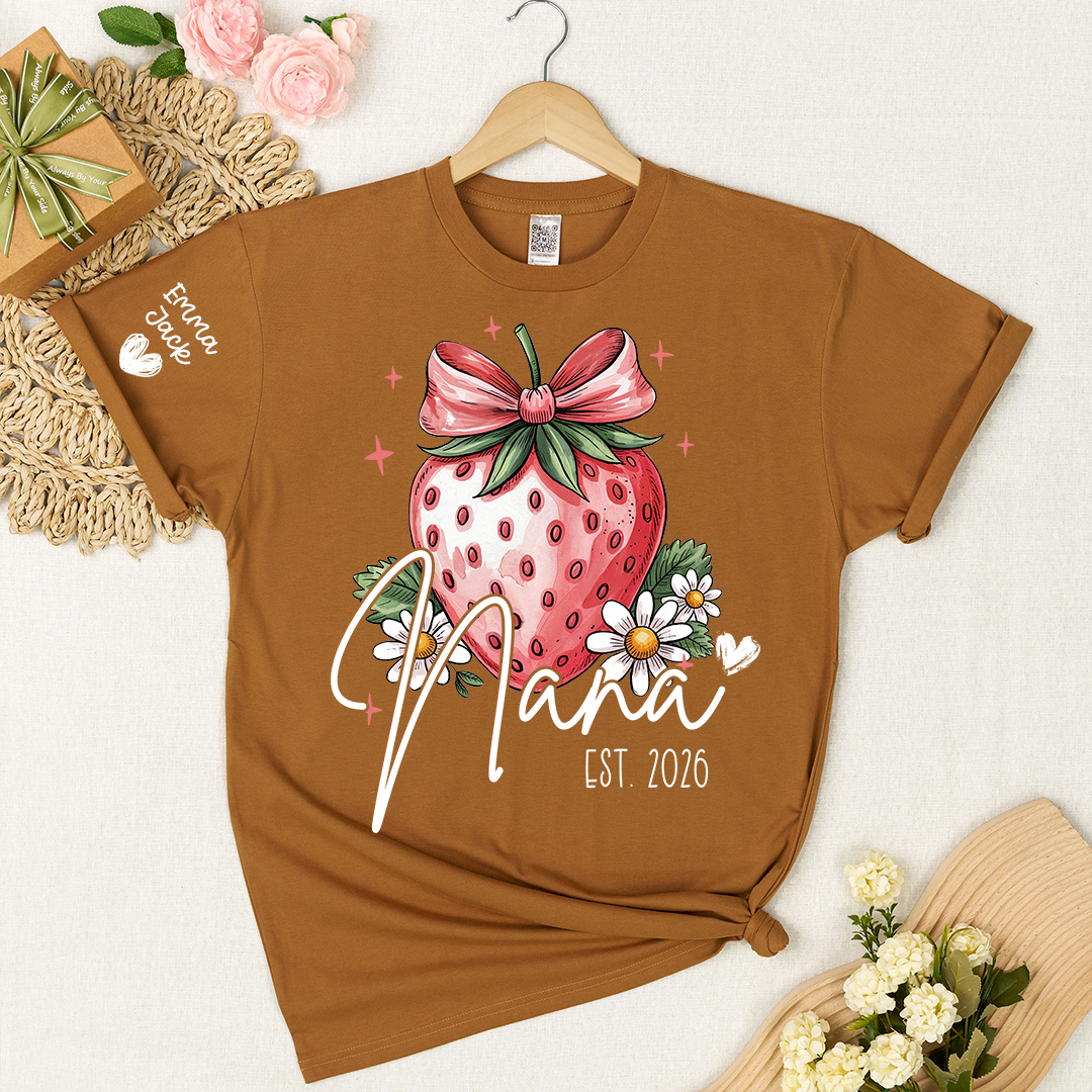 Mimi Strawberry Shirt, Cute Bow Floral Graphic Tee, Personalized Grandma T Shirt, Gift for Mimi from Family