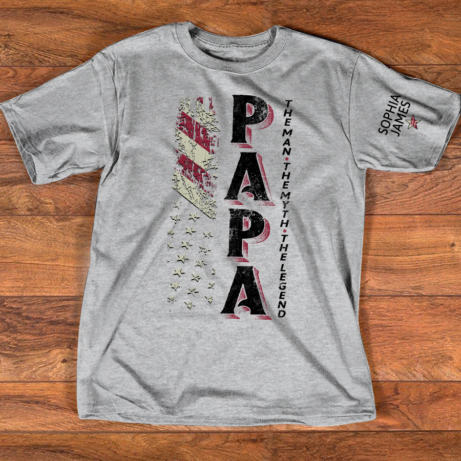 Personalized PAPA The Man, The Myth, The Legend T Shirt, Custom Family Names with American Flag Design, Perfect Gift for Father’s Day
