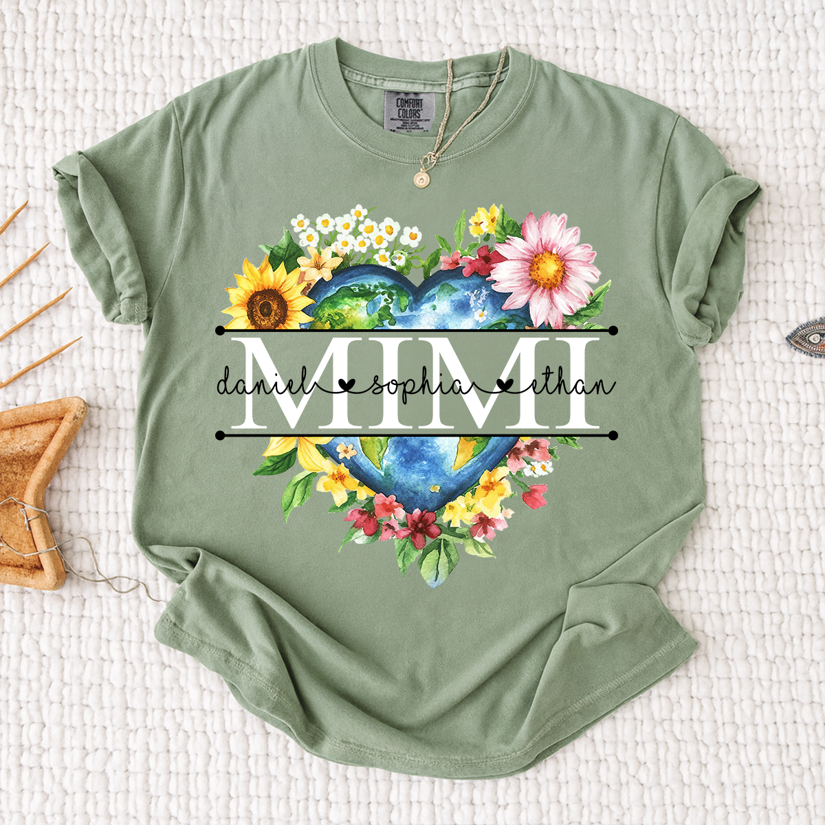 Comfort Colors Custom Mimi Heart Shaped Earth Shirt, Floral Heart Graphic with Grandkids Names, Family Love Tee