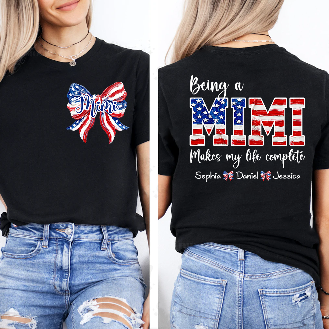 Personalized Mimi Patriotic Shirt, Being a Mimi Tee with Kids Names, American Flag Bow Graphic Gift
