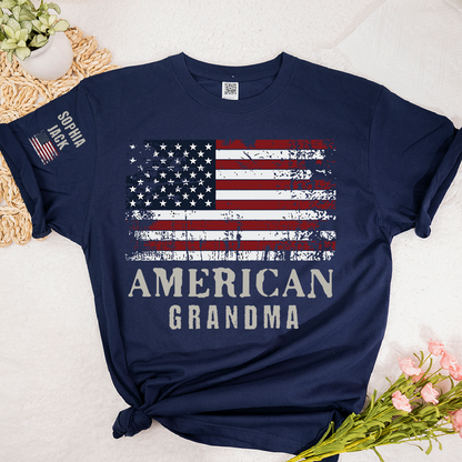 Custom American Grandma T-Shirt, Personalized Grandkids Name Sleeve Patriotic Shirt