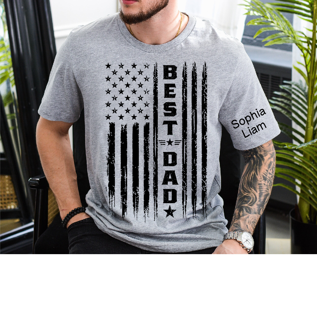 Best Dad Patriotic T-Shirt – Custom Kids Names American Flag Design Gift for Daddy Papa Fathers Day Birthday