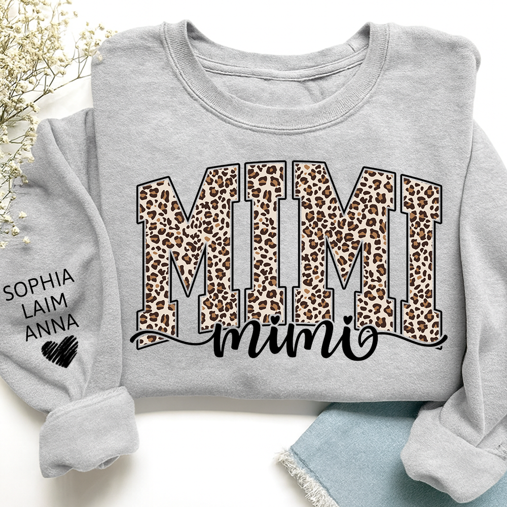 Personalized Mimi Leopard Print Sweatshirt, Custom Grandkids’ Names on Sleeve, Heart Detail