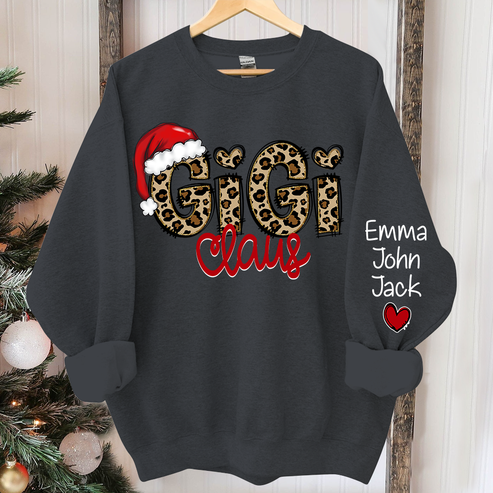 Personalized Gigi Claus Leopard Sweatshirt, Custom Grandma and Grandkids Sweatshirt