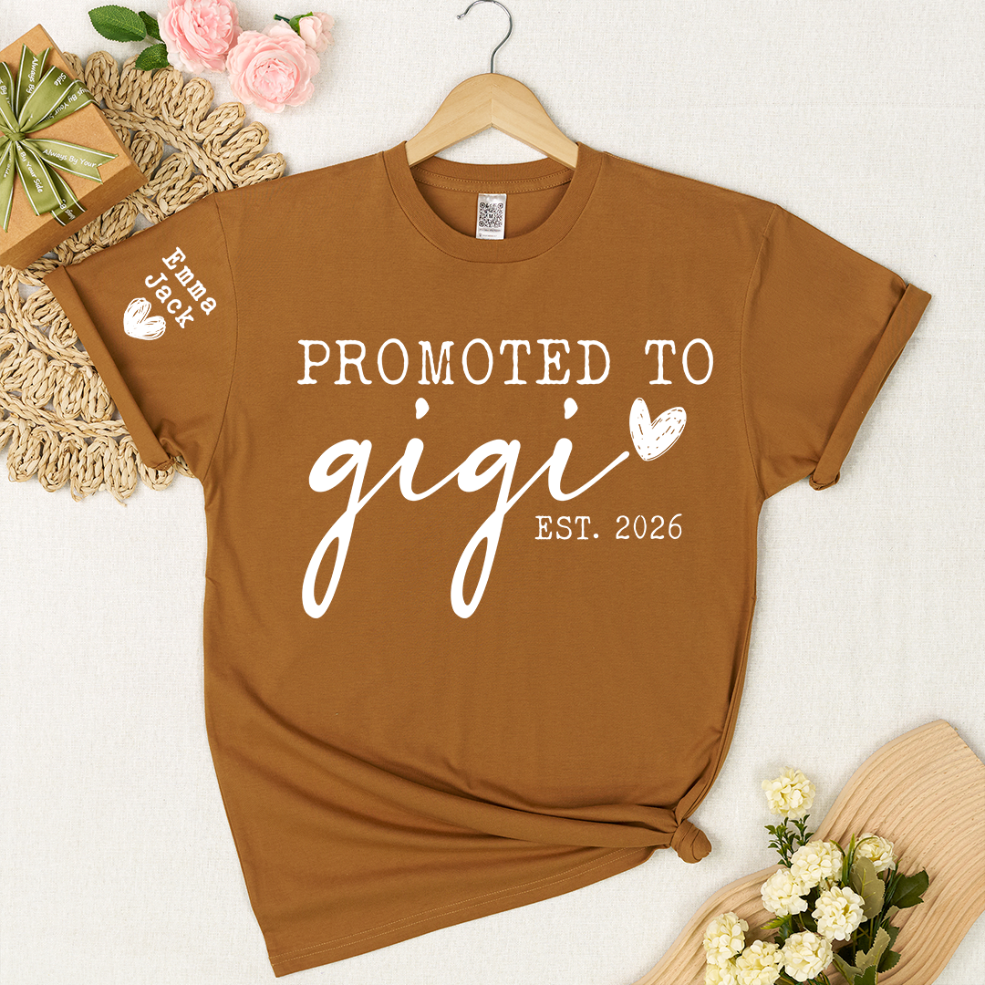 Promoted To Gigi Est 2026 Shirt, Personalized Grandkids Names Sleeve Tee, New Gigi Gift, First Time Grandma Announcement Shirt