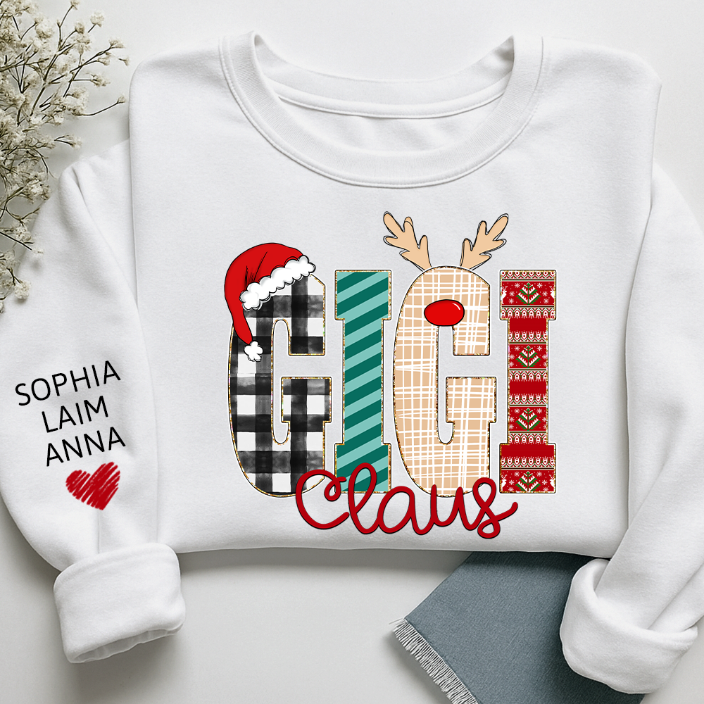 Gigi Claus Christmas Sweatshirt – Personalized Holiday  with Child’s Name on Sleeve Sweatshirts
