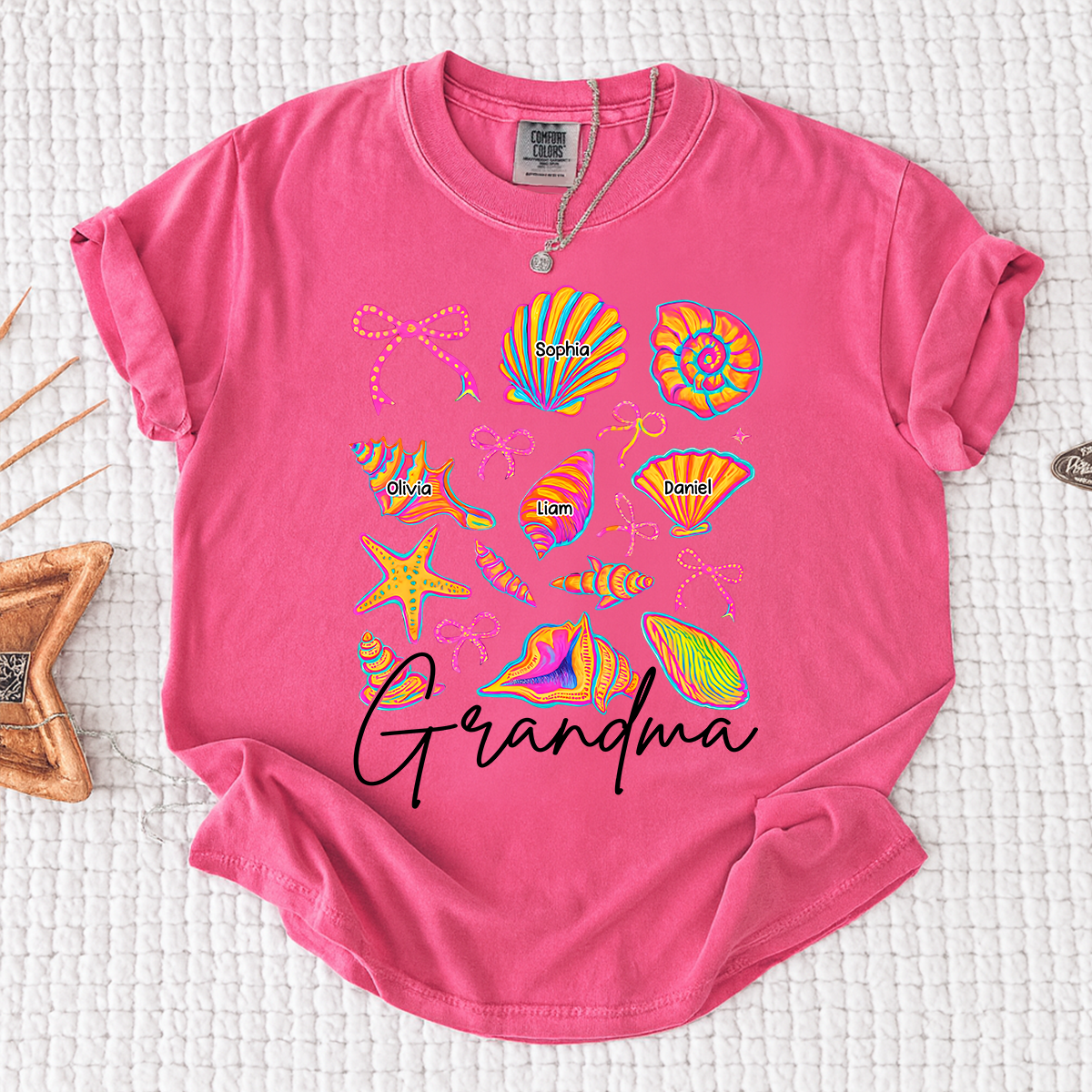 Comfort Colors Personalized Grandma Shirt with Grandkids Names, Custom Beach Seashell Grandma Tee, Coastal Summer Family Gift for Grandmother