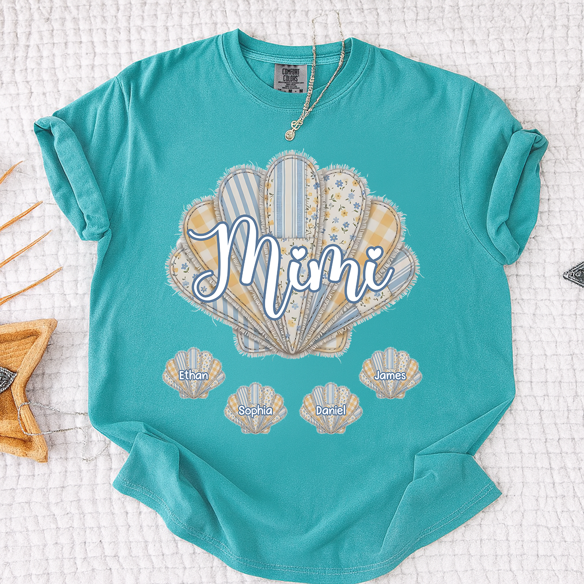 Comfort Colors Personalized Mimi Shirt with Grandkids Names, Custom Seashell Patchwork Graphic Tee, Beach Grandma Summer Family Shirt