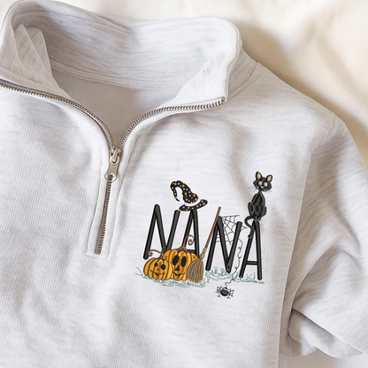 Personalized Nana Halloween Quarter Zip, Custom Embroidered Pumpkin Sweatshirt