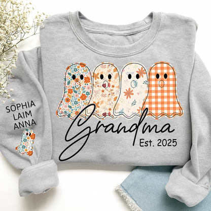 Personalized Fall Ghost sweatshirt, Custom Kids name on sleeve, For Gift Grandma